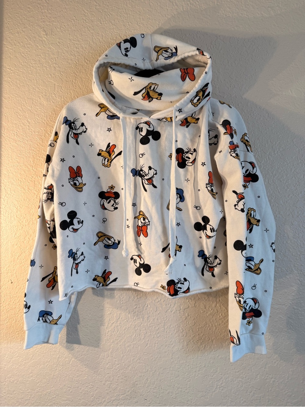 Disney White Cropped Hoodie with Mickey & Friends Allover Print